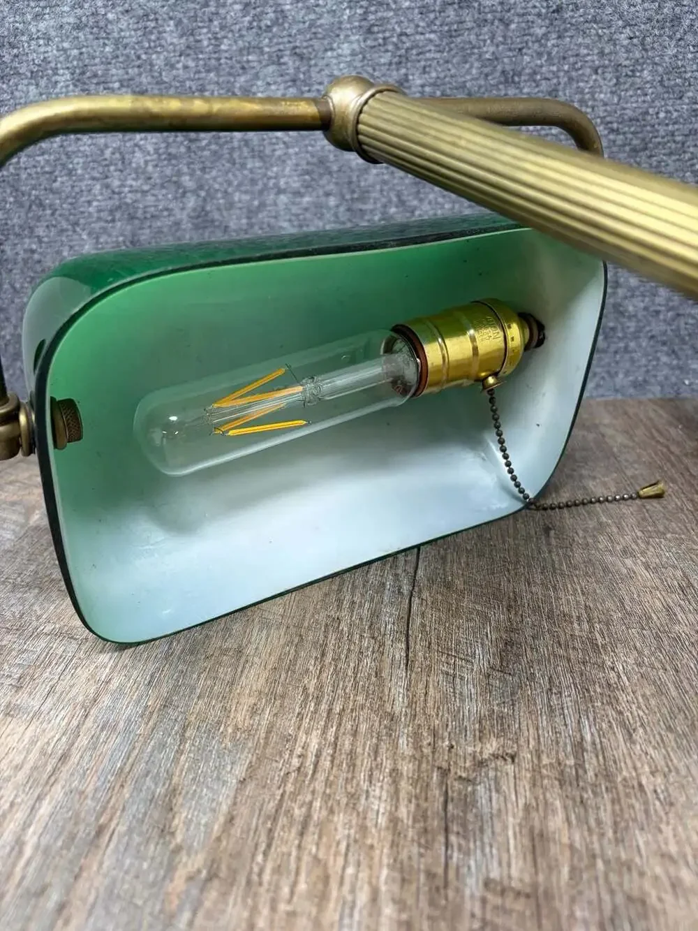 Vintage Bankers Desk Lamp with Emerald Green Glass Shade Brass Base & Pull Chain